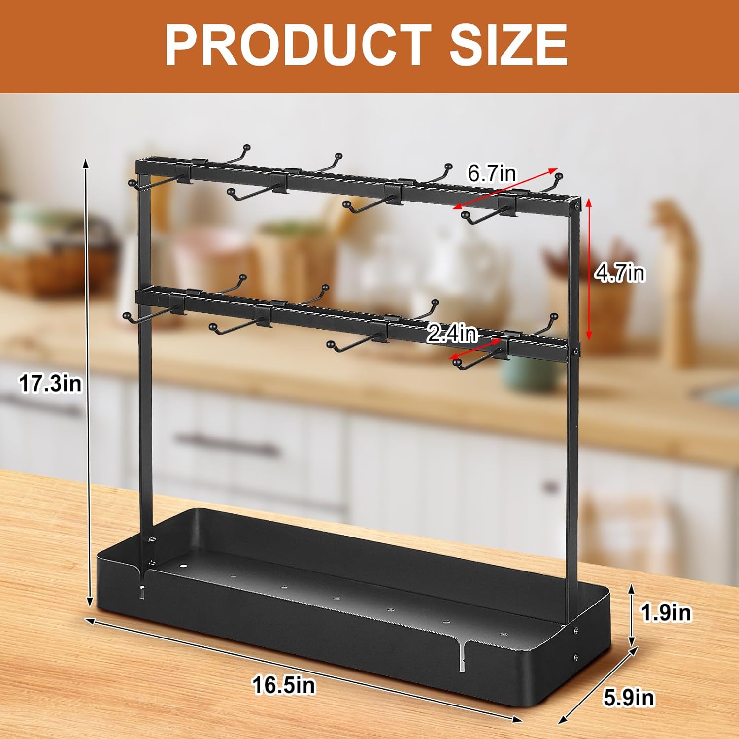 Coffee Mug Holder for Countertop, Cup Holder Rack with Slidable 16 Hooks, Large Mug Holder with Storage Base for Coffee Bar, Kitchen, Dining Room - Black