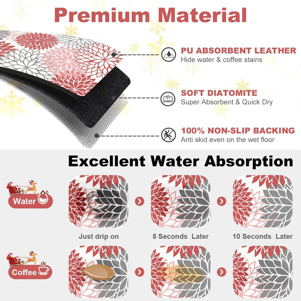 Findosom 2PCS 16" x 24" Christmas Dish Drying Mat & 24" x 5.5" Sink Splash Guard, Super Absorbent & Cuttable Dish Mat Drying Kitchen Mat with Red Floral, Hide Stain Drying Mat for Kitchen Counter