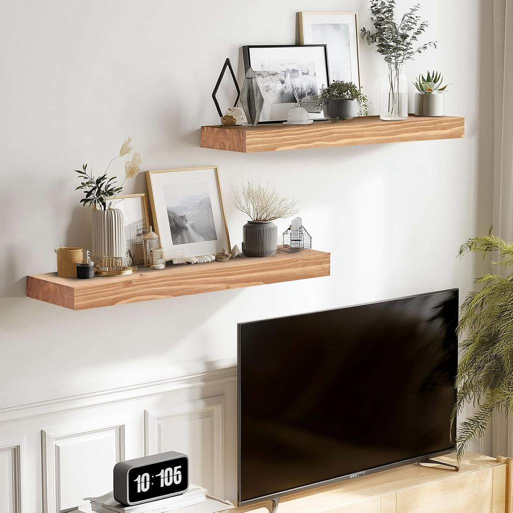 17x8x1.6 inch Floating Shelves Set of 2 – Solid Wood Rustic Oak Wall Mounted Shelf for Kitchen, Bathroom, Living Room