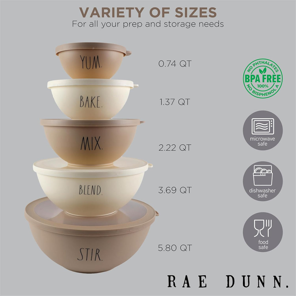 Rae Dunn Mixing Bowls with Lids - 10 Piece Plastic Nesting Bowls Set includes 5 Prep Bowls and 5 Lids (Brown)
