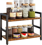 IBUYKE 2-Tier Spice Rack Industrial Counter Shelf Desktop Storage Organizer Standing Seasoning Rack for Countertop Kitchen Office Living Room Desktop Rustic Brown UTLJ002H