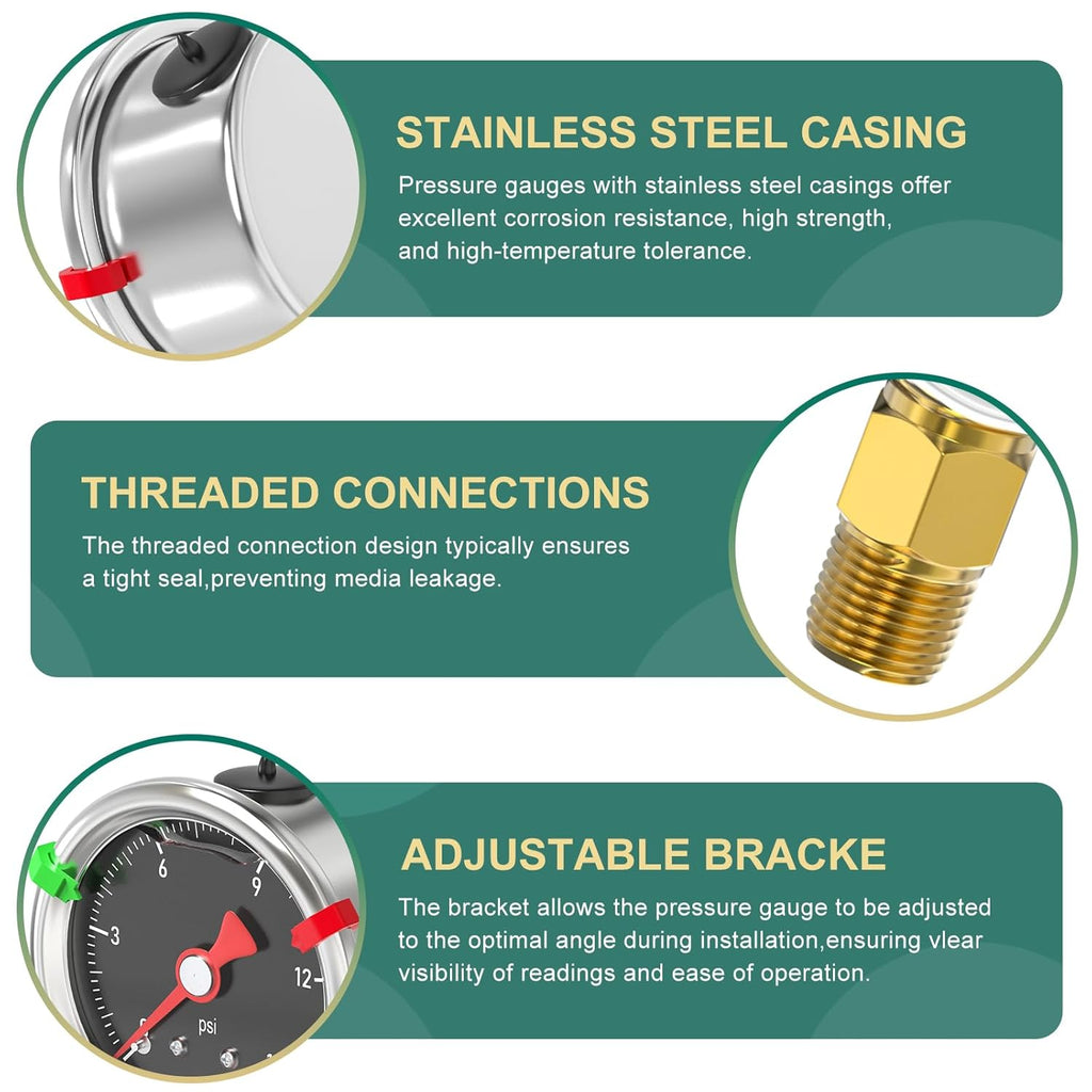 0-15PSI Stainless Steel Glycerin Filled Pressure Gauge 1.5" Black Dial Size, 1/8" NPT Back Mount, for Tube, Water Pump, Gas, Liquid, Pressure Test (with Range Mark Pointer)