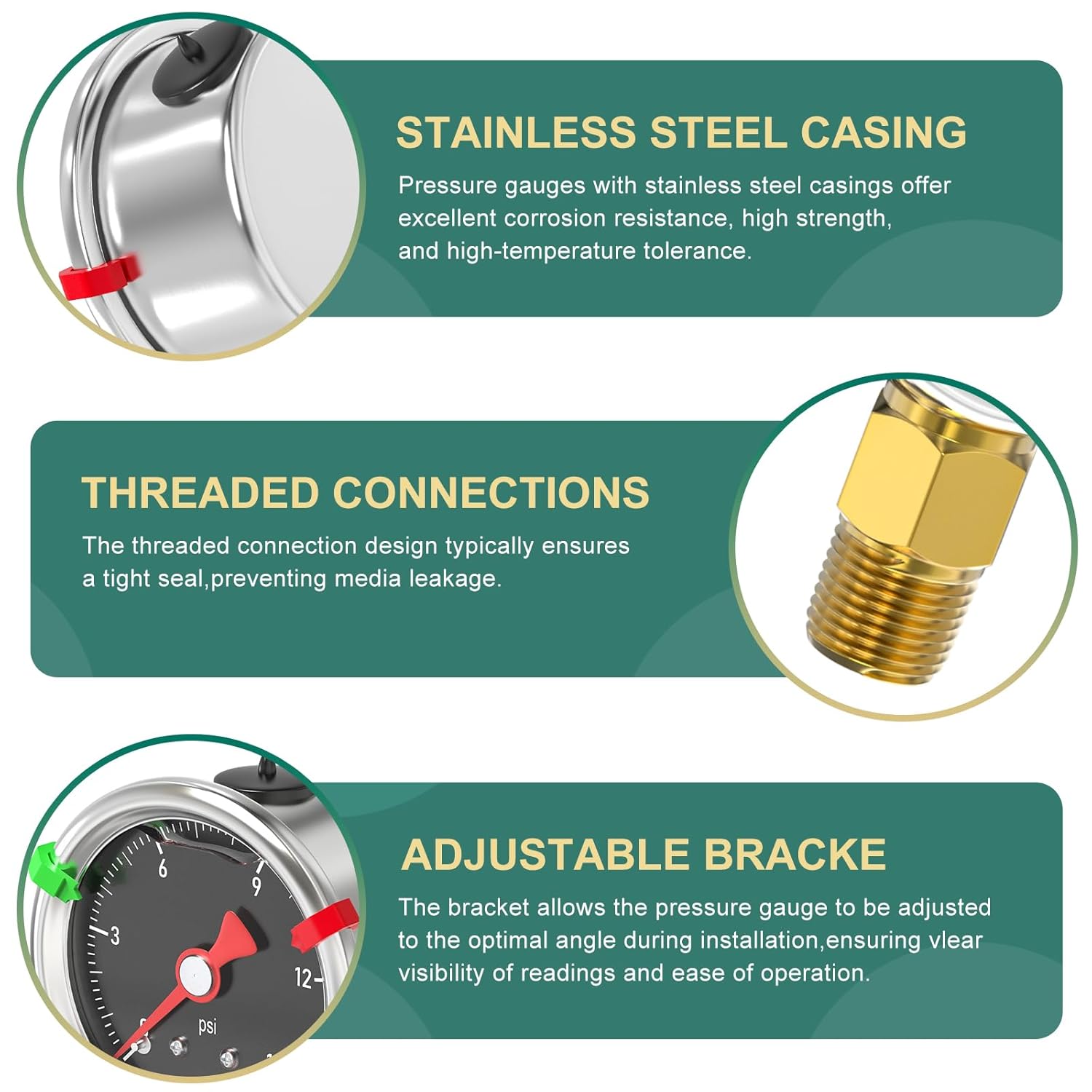 0-15PSI Stainless Steel Glycerin Filled Pressure Gauge 1.5" Black Dial Size, 1/8" NPT Back Mount, for Tube, Water Pump, Gas, Liquid, Pressure Test (with Range Mark Pointer)