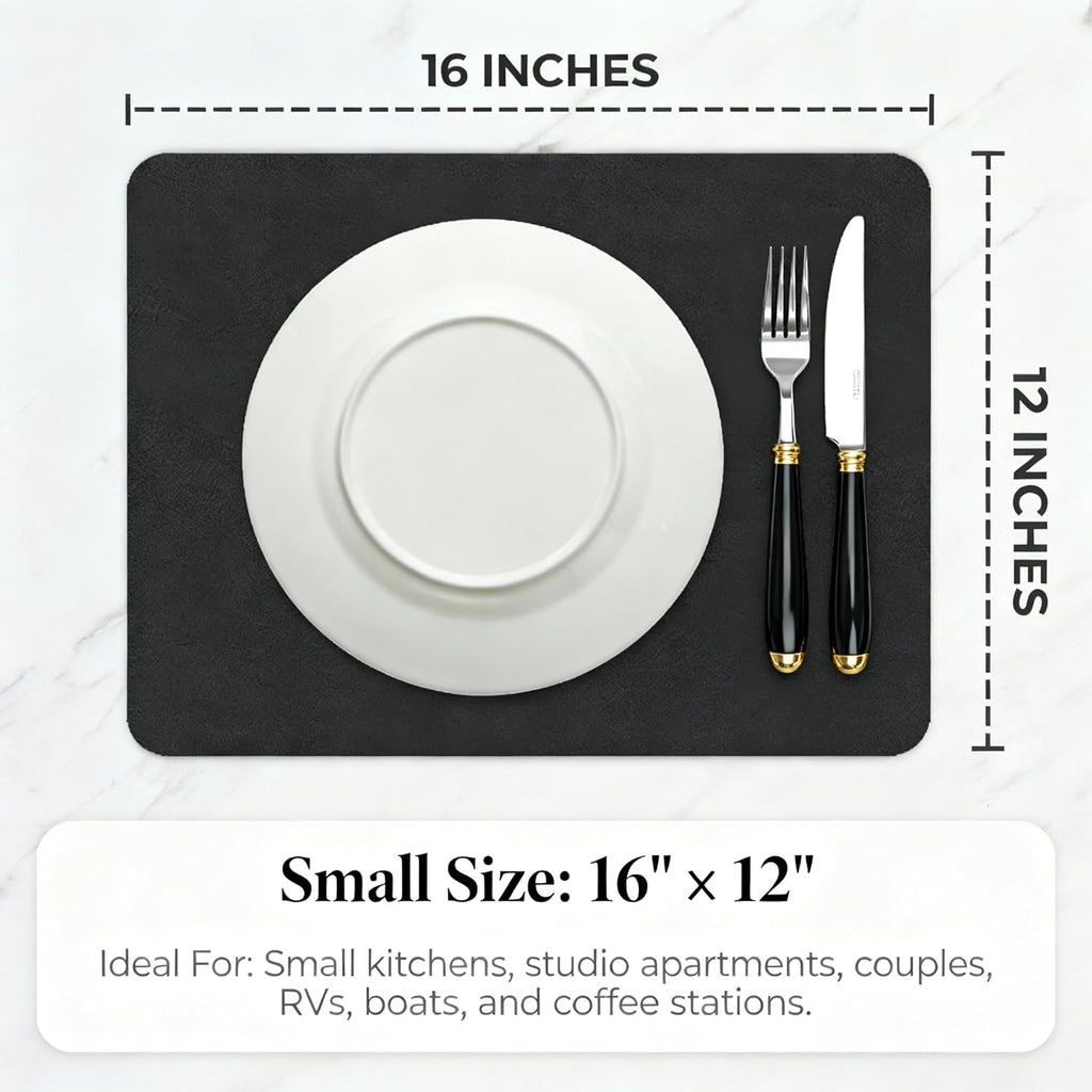 Dish Drying Mat Super Absorbent – 16" x 12" Coffee Mat for Countertops – Non-Slip Drying Mat for Kitchen Counter – Easy to Clean Water Absorbent Mat – Quick Dry Dish Drying Mats (Black)