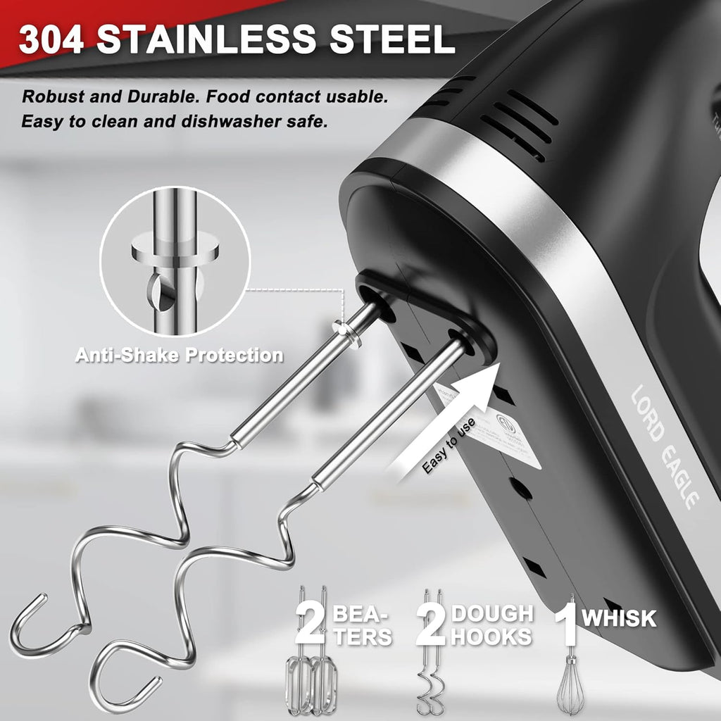 Lord Eagle Hand Mixer Electric 400W, 5 Speed handheld Mixer, 5 Stainless Steel Accessories for Baking Cake Egg Cream Food Beater, Turbo Boost/Self-Control Speed + Eject Button