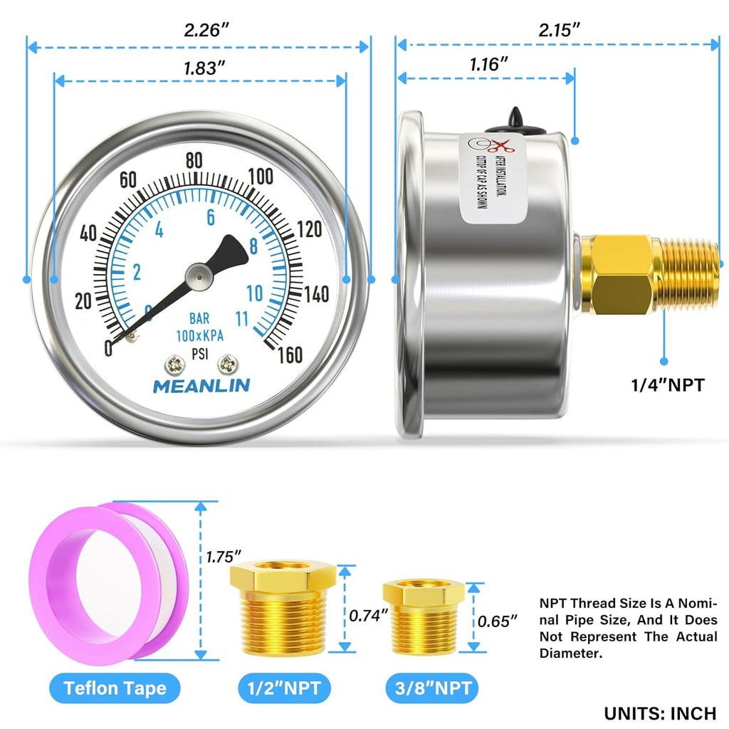 MEANLIN MEASURE 0~160Psi Dry Pressure Gauge Stainless Steel 1/4" NPT 2" FACE DIAL Waterproof for Air Compressor RV Regulator Water Pressure Tester Black Mount, with 1/2" NPT and 3/8" NPT Hex Bushing