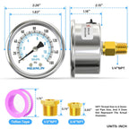 MEANLIN MEASURE 0~160Psi Dry Pressure Gauge Stainless Steel 1/4" NPT 2" FACE DIAL Waterproof for Air Compressor RV Regulator Water Pressure Tester Black Mount, with 1/2" NPT and 3/8" NPT Hex Bushing