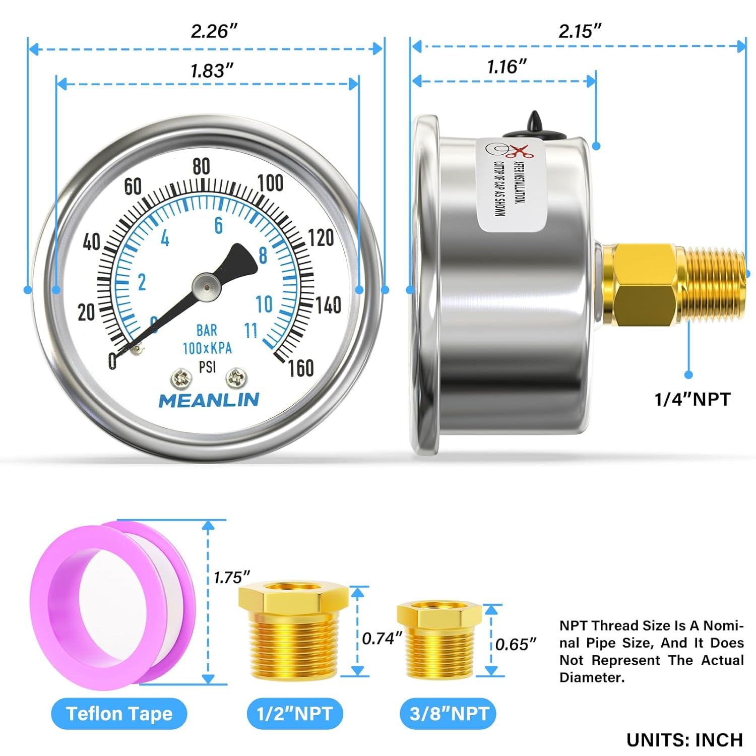 MEANLIN MEASURE 0~160Psi Dry Pressure Gauge Stainless Steel 1/4" NPT 2" FACE DIAL Waterproof for Air Compressor RV Regulator Water Pressure Tester Black Mount, with 1/2" NPT and 3/8" NPT Hex Bushing