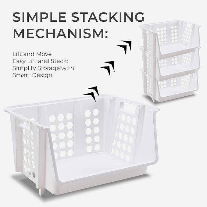 TidyFriend Medium Stackable Storage Bins for Pantry - 4 Pack, Stackable Bins For Organizing Food, Kitchen, and Bathroom Essentials (White)