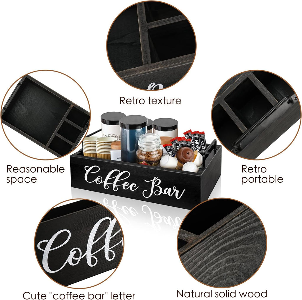Coffee Station Organizer Wooden Coffee Bar Holder Accessories for Countertop, Farmhouse Kcup Pod Storage Basket with Handle - Black