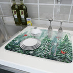 Welcome Winter Pines Tree Dish Drying Mat, Winter Snowflake Dish Drying Mat for Kitchen Counter, Red Birds Absorbent Fast Dry Dish Drainer Mat Protector Xmas Microfiber Dish Drying Pad 16"x18"