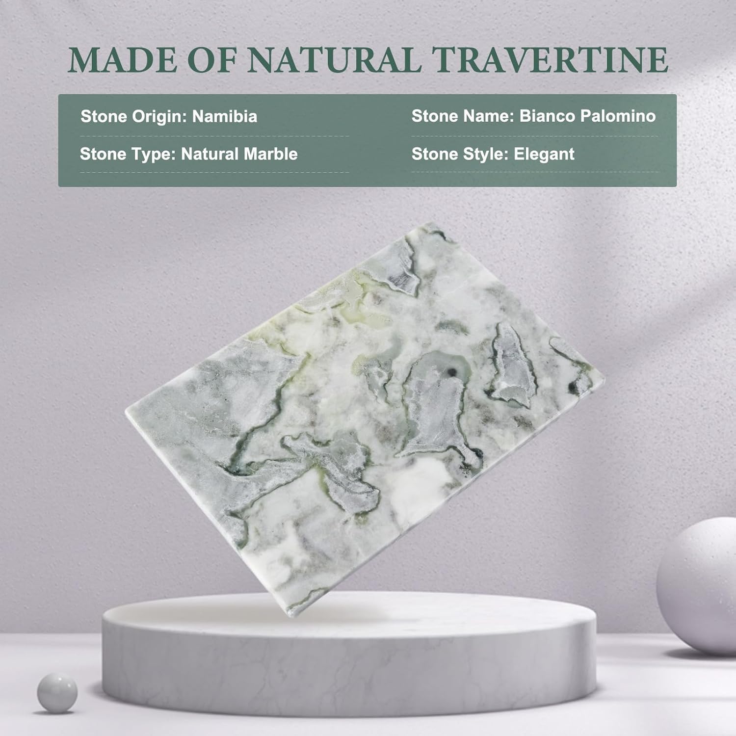 Koville Green Marble Cutting Board for Kitchen Countertop, 12" x 8" Real Marble Pastry Board Stone Slab Stone Cheese Boards for Home Decor, Bathroom Perfume Tray Candle Plate(Bianco Palomino)