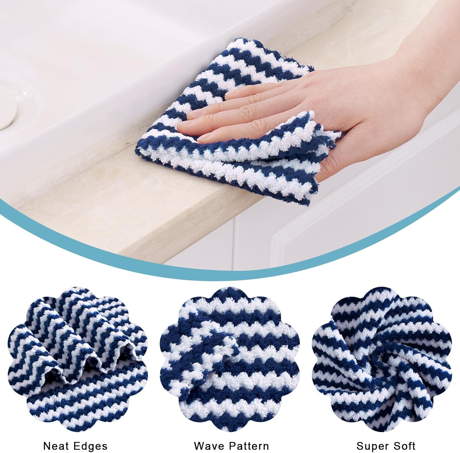 Homaxy 24 Pack Kitchen Dish Cloths, Ultra Soft and Absorbent Dish Towels, Reusable Fast Drying Microfiber Cleaning Cloth, Coral Velvet Wave Design No-lint, 10 x 10 inches, Navy Blue