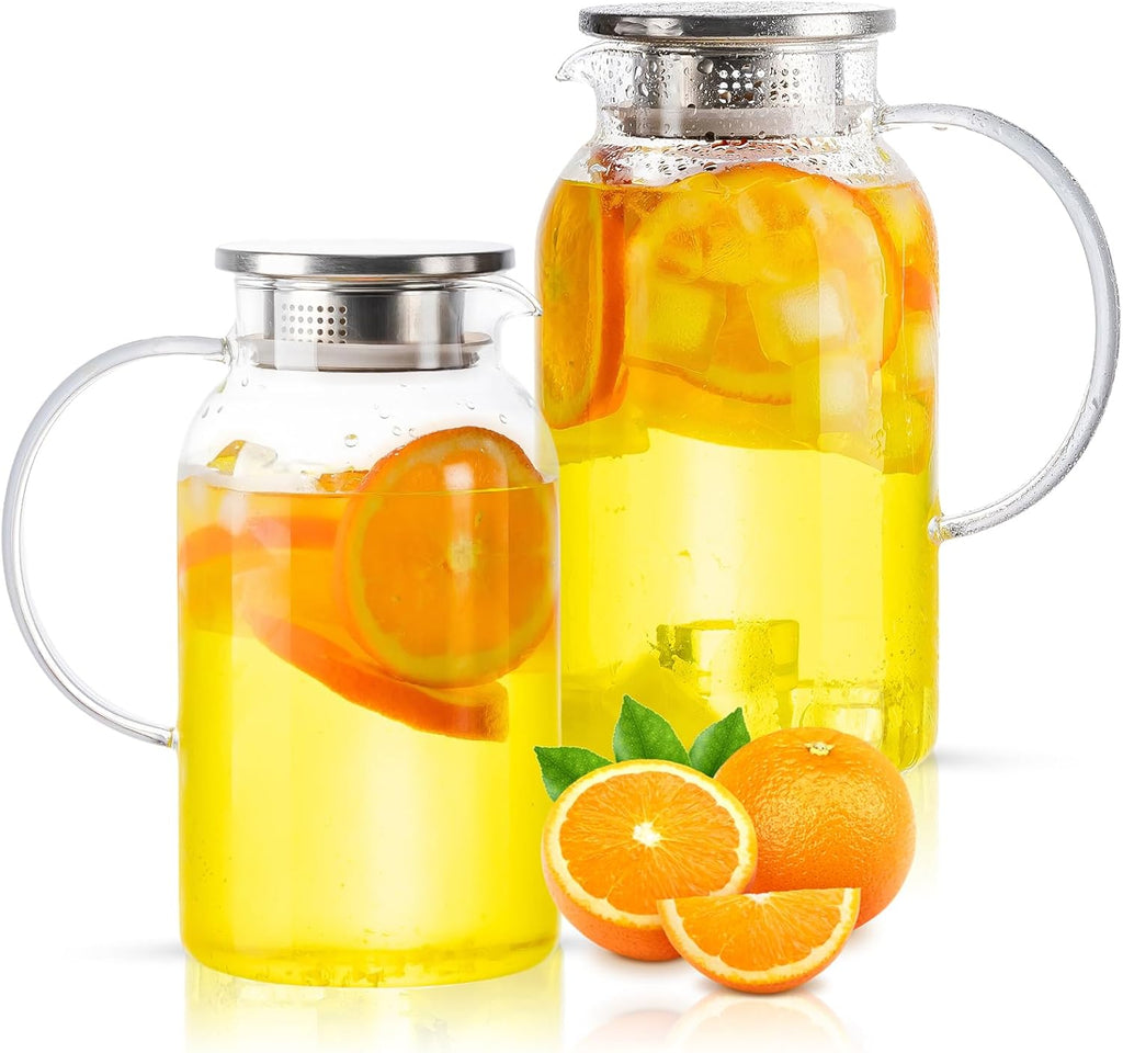 Round Glass Pitcher with Lid & Spout, 2 Pack 1.8L 60 Oz – Water Pitcher with Handle for Fridge, Brosilicate Glass Carafe Hot & Cold Drink, Large Jug for Icead Tea Coffe Juice, Jarra De Vidrio Con Tapa