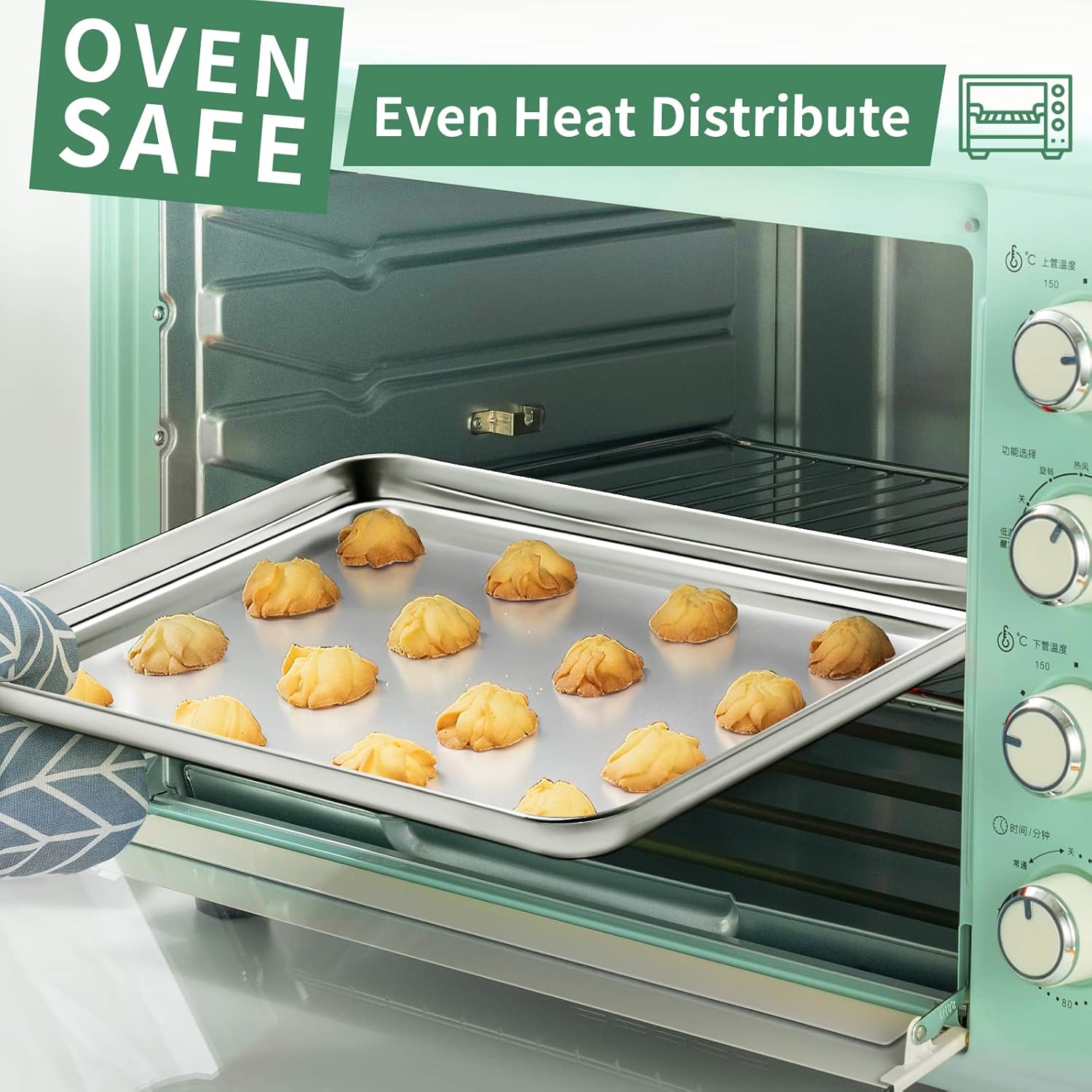Baking Sheets Set of 2, HKJ Chef Cookie Sheets 2 Pieces Stainless Steel Baking Pans & Toaster Oven Tray Pans, Rectangle Size 20L x 14W x 1H inch & Non Toxic & Healthy & Easy Clean