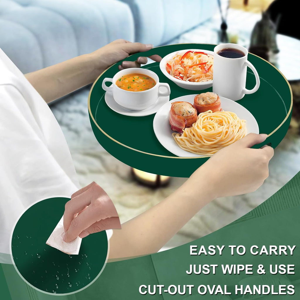 MAONAME Dark Green Decorative Tray, 13" Round Serving Tray with Handles, Plastic Trays for Coffee Table, Modern Ottoman Trays for Living Room, Bedroom