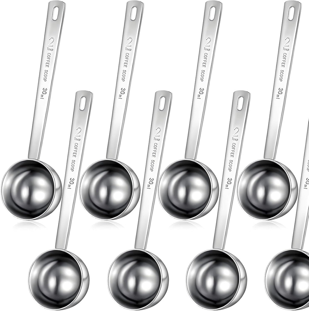 Geiserailie 8 Pieces 2 Tablespoon Scoops with Long Handle, 30 ml Stainless Steel Measuring Spoon for Coffee Milk Fruit Powder, Loose Tea Dry, Spice Jar, Cooking Baking, and Other Dry Goods