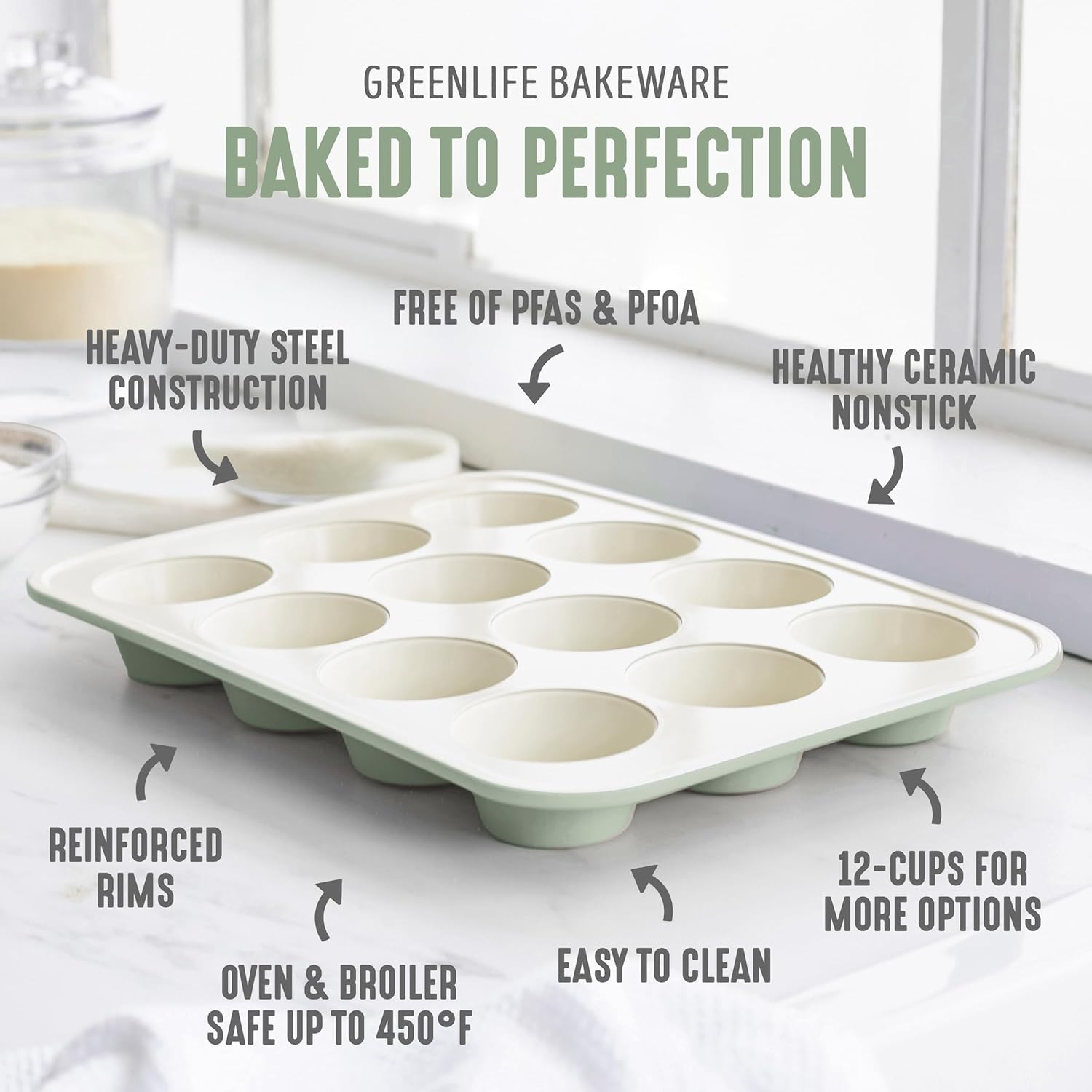 GreenLife 12-Cup Muffin Pan, Healthy Ceramic Nonstick Bakeware, PFOA & PFAS-Free Cupcake Tray, Durable Baking Pan, Versatile Kitchen Essential, Easy Clean Muffin Mold, Nonstick Baking Sheet, Sage