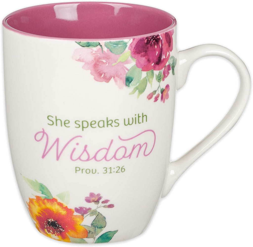 Christian Art Gifts Inspirational Ceramic Coffee & Tea Scripture Mug for Women: She Speaks with Wisdom Bible Verse, Microwave & Dishwasher Safe Drinkware, Multicolor Floral, White & Dark Pink, 12 oz.