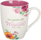 Christian Art Gifts Inspirational Ceramic Coffee & Tea Scripture Mug for Women: She Speaks with Wisdom Bible Verse, Microwave & Dishwasher Safe Drinkware, Multicolor Floral, White & Dark Pink, 12 oz.