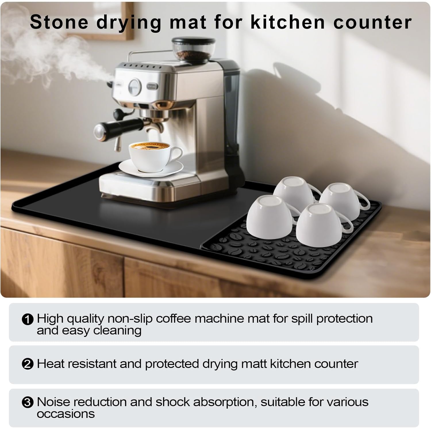 Silicone Coffee Bar Mat 24''x16'' Non-Slip Coffee Maker Mat, Heat-resistant Silicone Mat Detachable Dish Drying Mats for Kitchen Countertops, Station Mat, Waterproof Under Pad (black, 24''x16'')