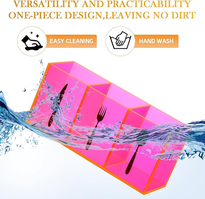 Suzile Acrylic Cutlery Storage Organizer Bin Silverware Caddy Countertop Knife Spoon and Fork Holder Kitchen 3 Section Tableware Storage Box for Cabinet Indoor Home Flatware Dining Room(Pink,M)