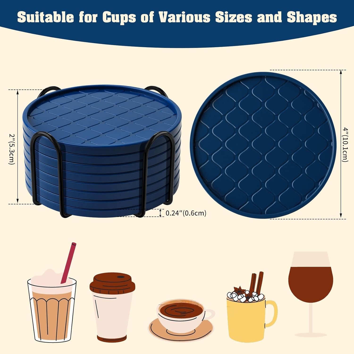 Coasters Set of 8,Hot or Cold Drink Coasters with Holder,Modern Style Coffee Table Coaster,Suitable for Kinds Cups Beer,Drink,Anti-Overflow Tabletop Protection (Navy Blue, 8pcs)