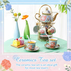 Zhehao 20 Pcs Porcelain Tea Set with Metal Holder and Spoon Adult Ceramic Tea Party Set European Flower Painting Teapot Cup Saucer Spoon Set for Women, Large Version(Romantic Style)