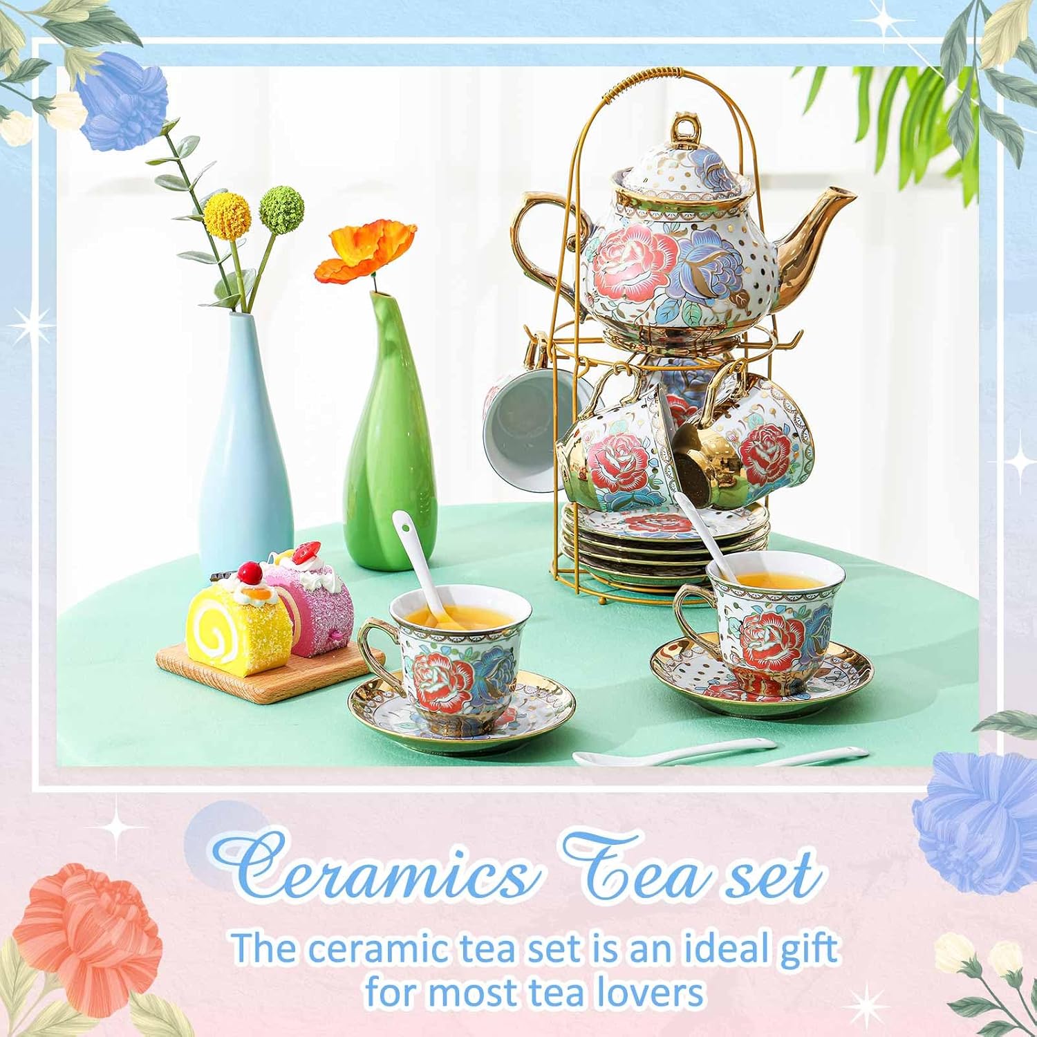 Zhehao 20 Pcs Porcelain Tea Set with Metal Holder and Spoon Adult Ceramic Tea Party Set European Flower Painting Teapot Cup Saucer Spoon Set for Women, Large Version(Romantic Style)