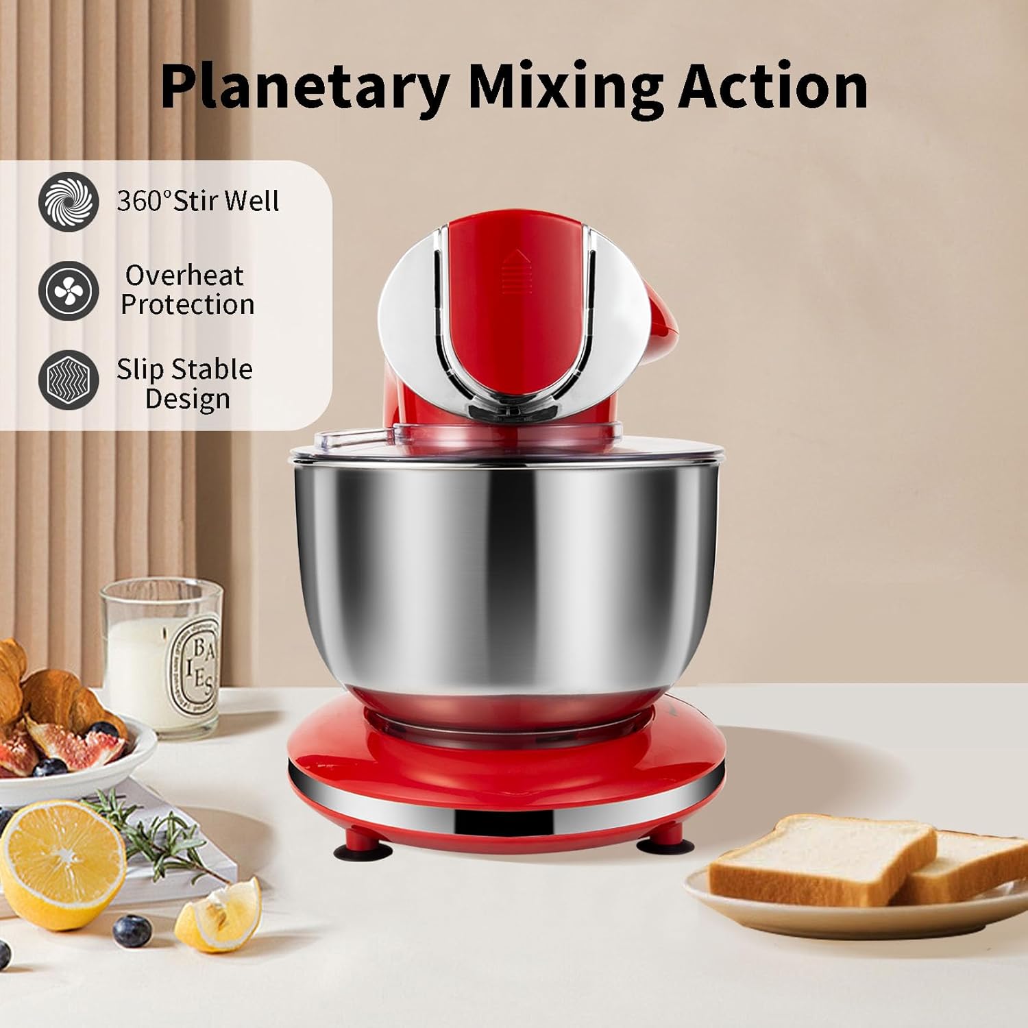 Aifeel Stand Mixer, 8.5QT+ 6QT Two Stainless Steel Bowls Electric Food Mixer, 7 in 1 Multifunctional Kitchen Mixer with Dough Hook, Whisk, Beater, Meat Grinder,Pasta & Cookie Maker-Red