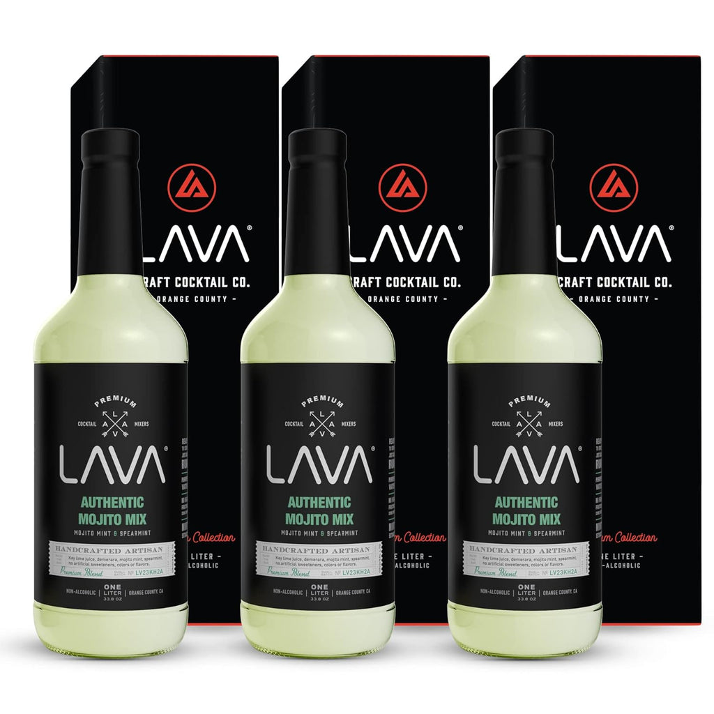 (3 Pack) LAVA Premium Authentic Mojito Mix, Made with Real Lime Juice, Mojito Mint, Spearmint, Demerara, Cane Sugar, Refreshing Rum Mojito Mixer. Ready to Use. 1-Liter (33.8oz) Glass Bottle