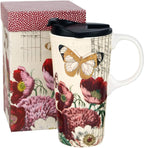 Topadorn 17 OZ Ceramic Coffee Mug Travel Cup with Lid and Gift Box, Red Flower and Butterfly