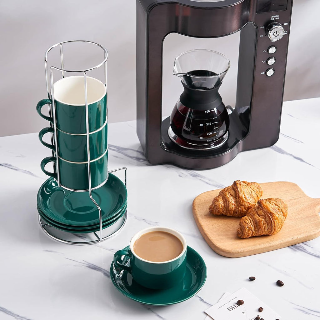 8 Ounce Porcelain Cappuccino Cups with Saucers and Silver Stand, Green Cups Set of 4