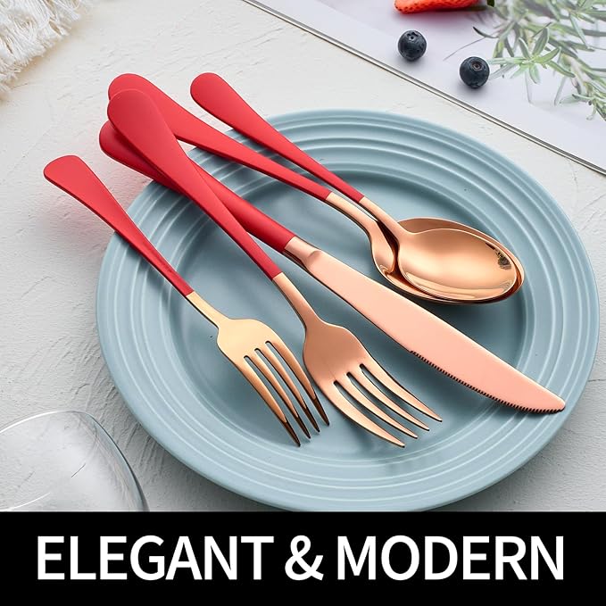 20-Pieces Rose Gold and Red Silverware Sets for 4,Red Handle Stainless Steel Cutlery Set, Include Forks Spoons and Knives Set, Dishwasher Safe Utensil Sets for Home Restaurant