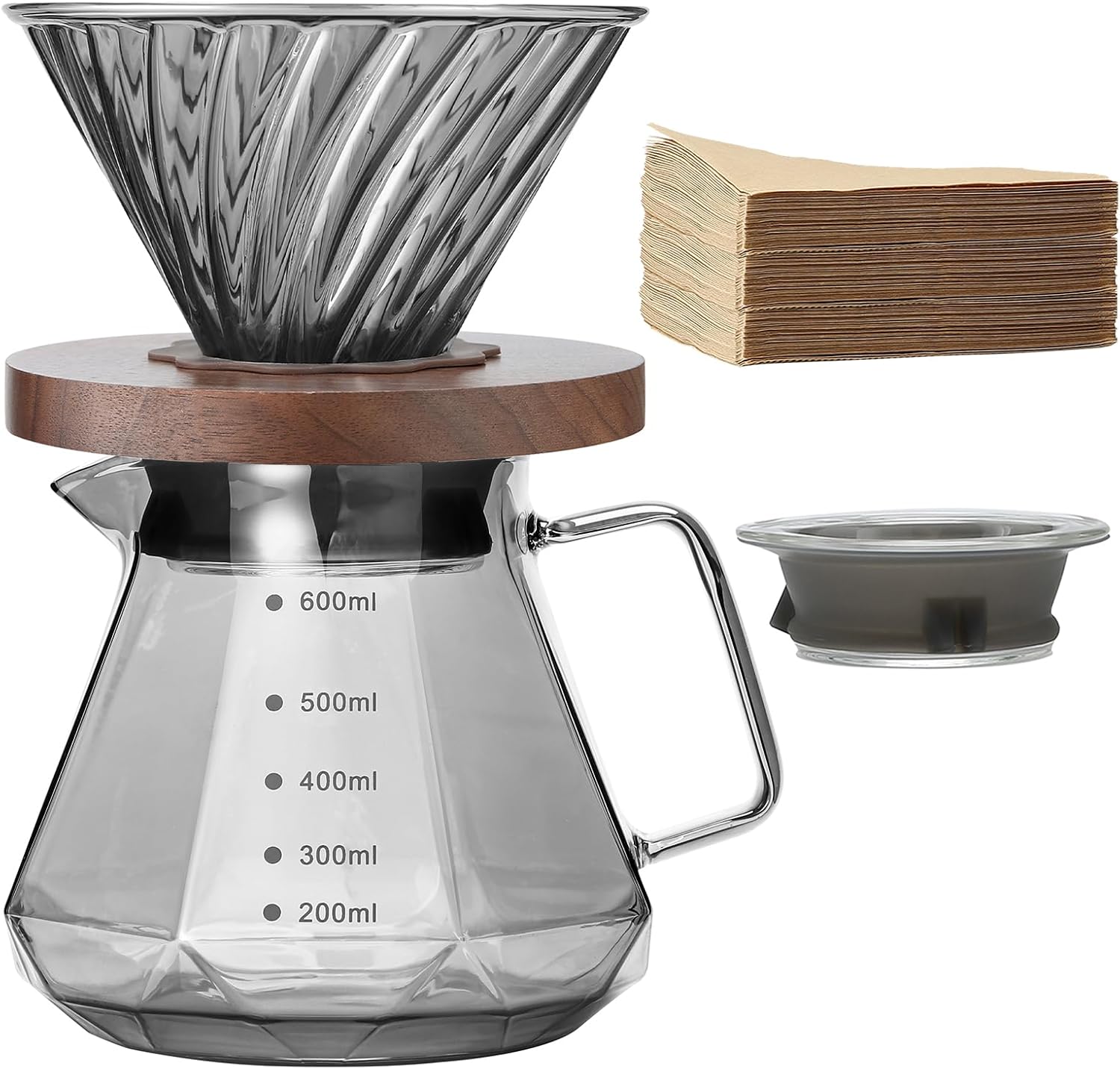 Pour Over Coffee Maker, 20 oz Borosilicate Glass Carafe with 100 pcs V60 Paper Filter, Walnut Handle & Glass Lid, Drip Coffee Maker for Home Café Restaurant Camping, 600 ml, Gray