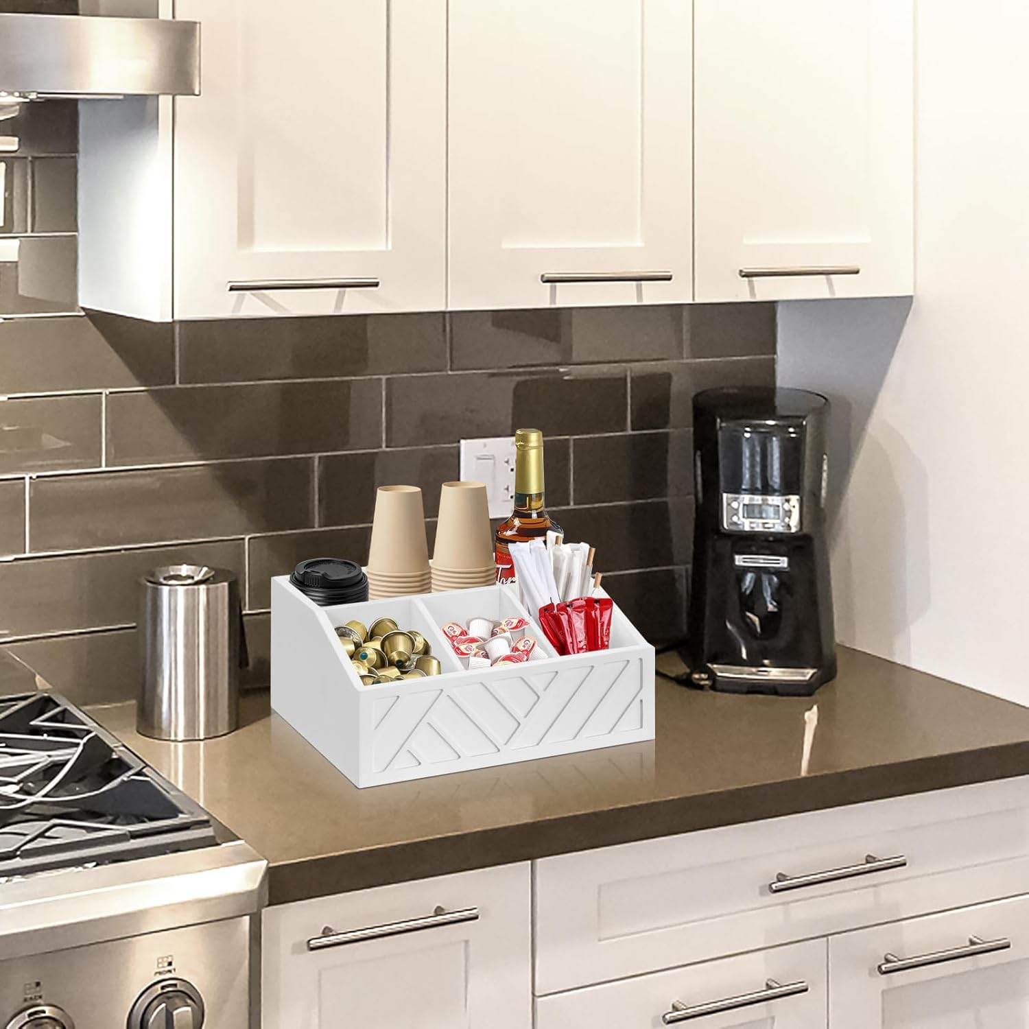 Wood Coffee Station Accessories - Coffee Bar Decor Organizer, Pod Syrup Holder, Condiment Organizer for Countertop (White)