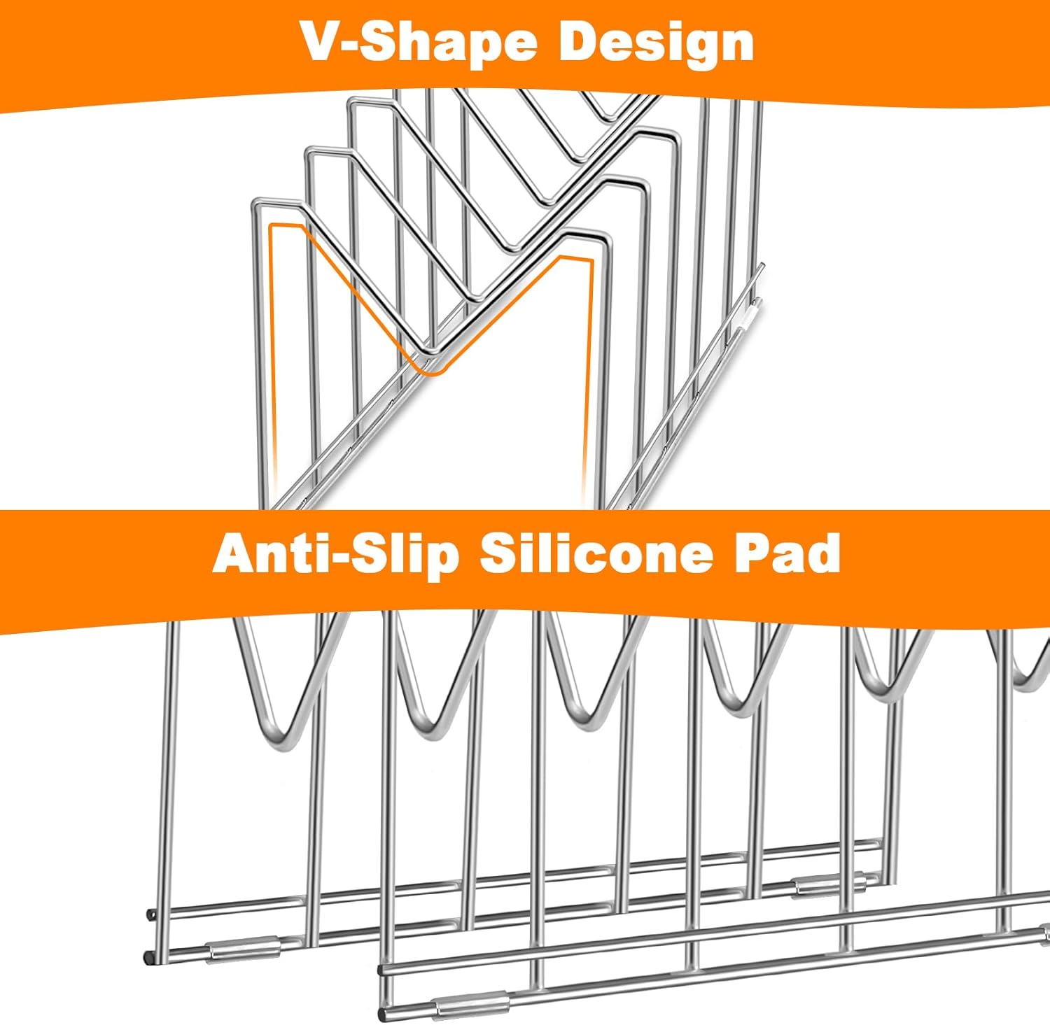 3 Pack Pot Lid Organizer for Cabinet, Stainless Steel Pot Lid Holder with Anti-slip Silicone Mat, Lid Rack for Pans Pots, Bakeware, Plates, Cookie Sheets, Trays, Cutting Boards, Silver