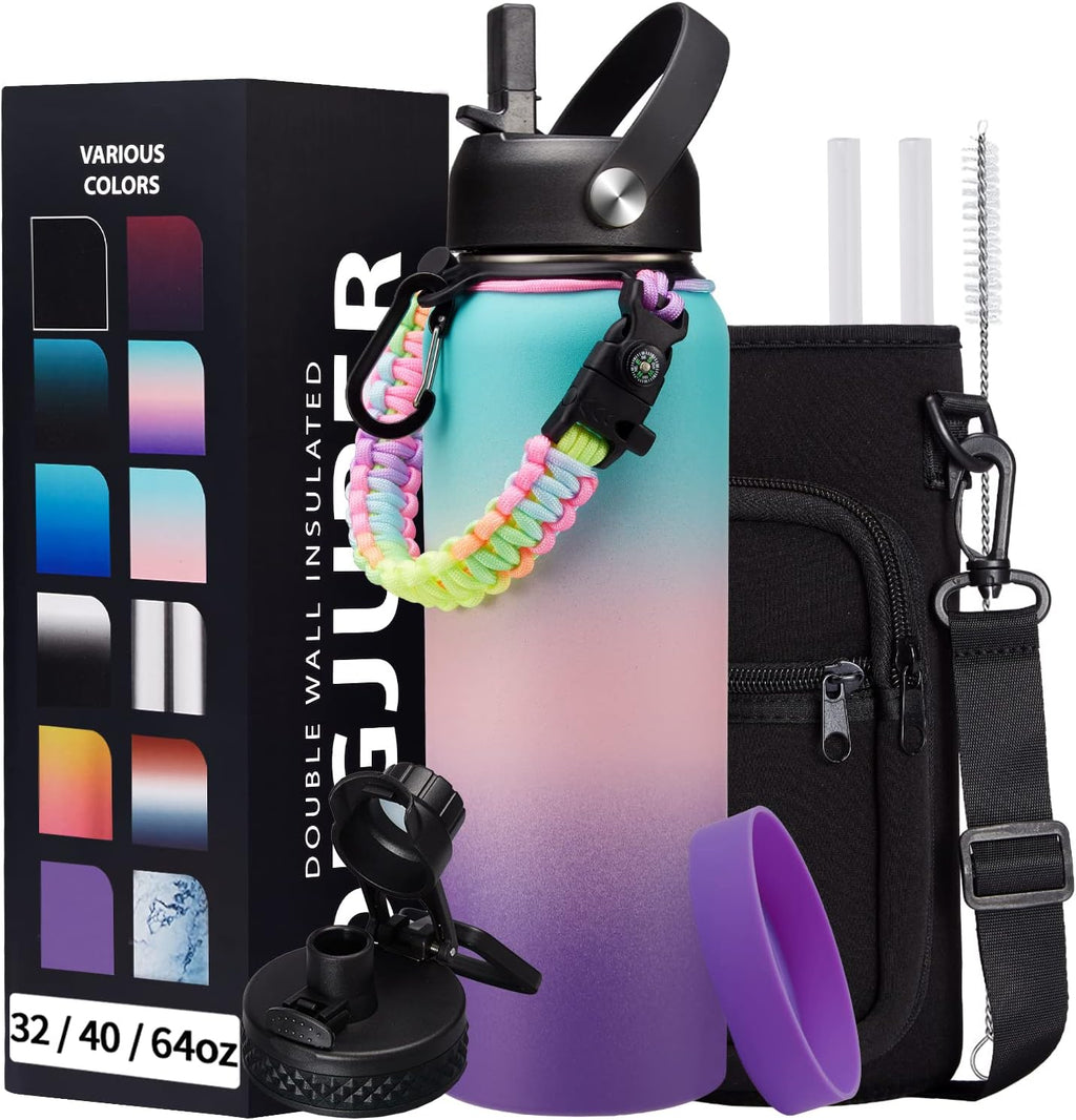 40oz Insulated Water Bottles with Straw and Paracord Handle, Metal Flask Bottle Keep Cold for Cold-48H Hot-24H, Double Vacuum Travel Thermo Mug with Carrying Pouch for Sports Hiking Cycling Running