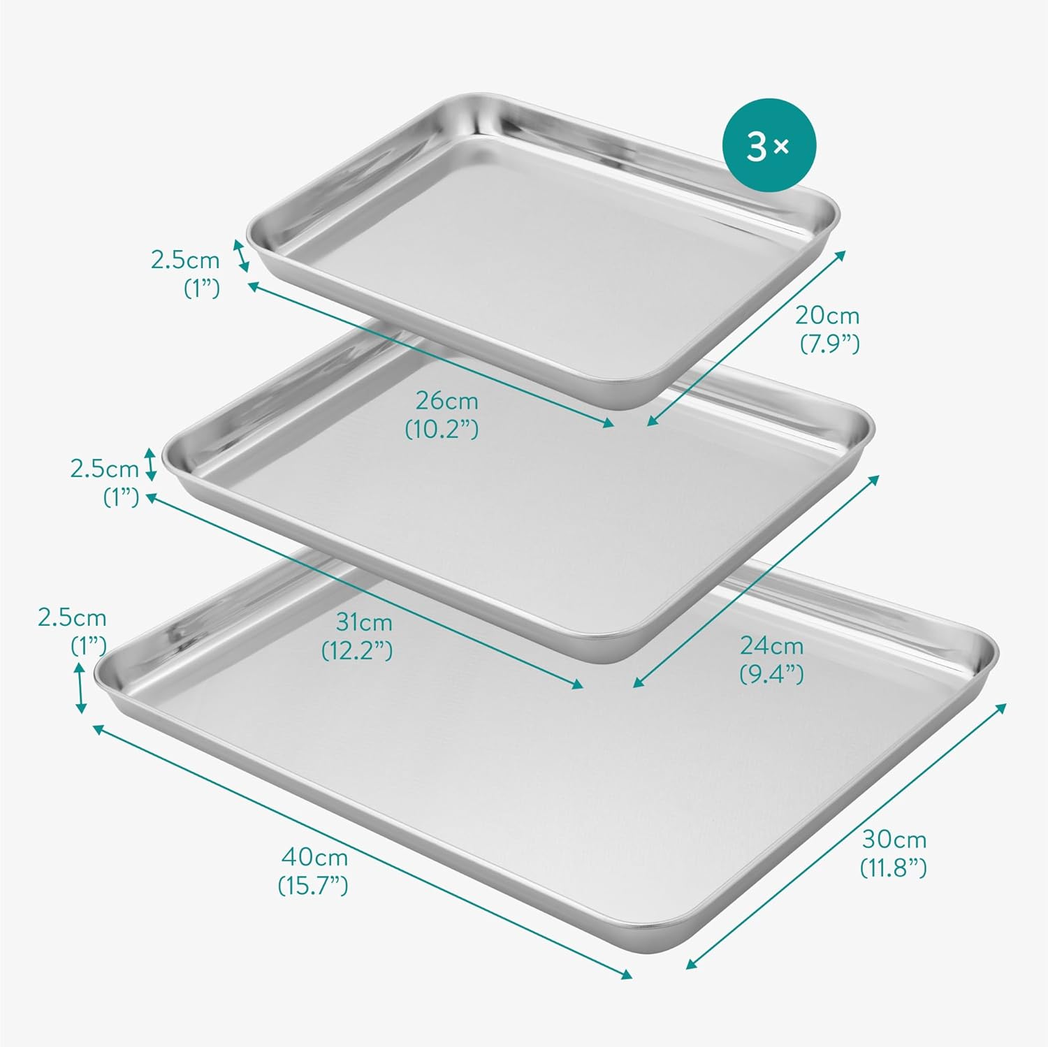 Navaris Baking Pan Breading Trays - Stainless Steel Baking Sheet Chicken Bacon Grilling Pan for Oven Cooking - Oven Grill Pan Cookie Tray - Set of 3 15.7/12.2/10.2" (40/31/26cm)