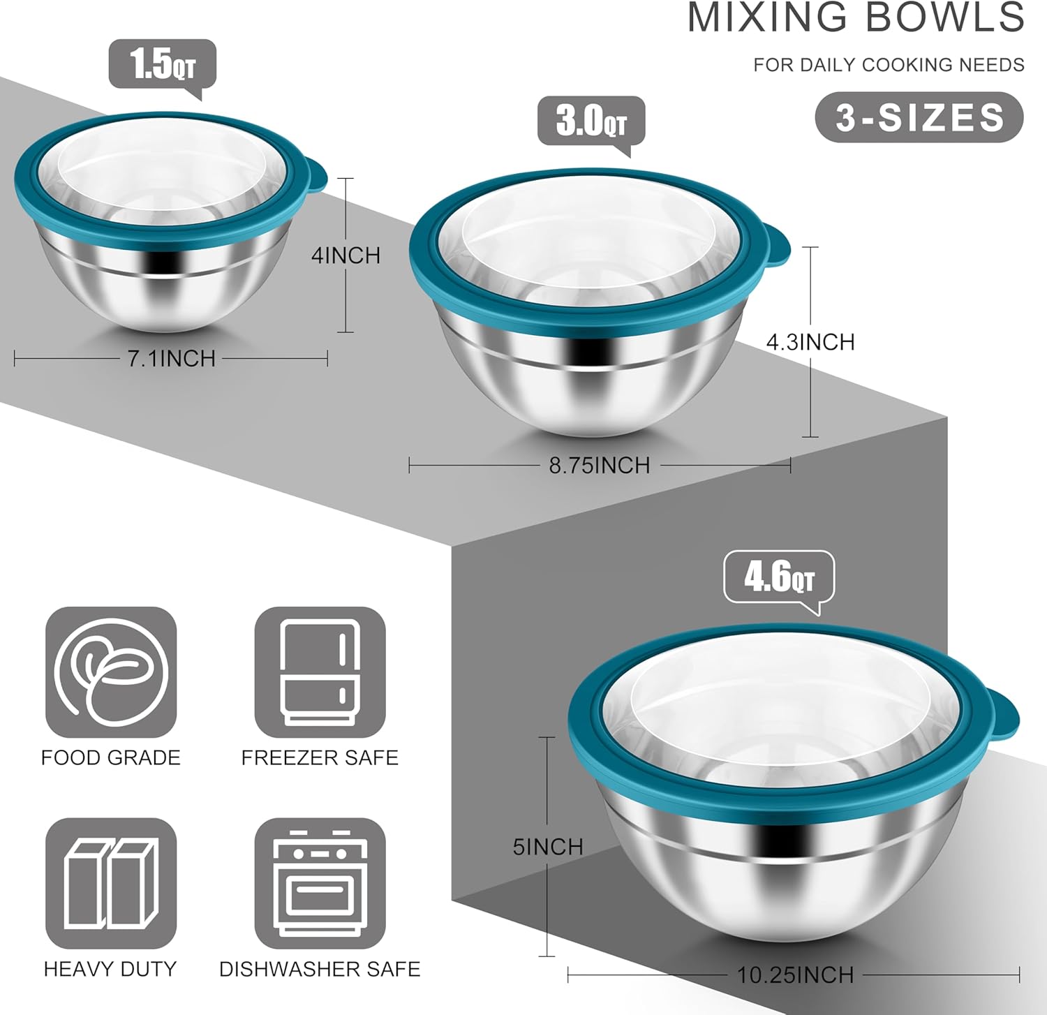 HaWare Mixing Bowls with Airtight Clear Lids, 6-Piece Stainless Steel Strong Nesting Bowls Set, Metal Salad Bowl for Cooking, Prepping, Baking, Serving & Food Storage, Size 4.6, 3, 1.5QT, Teal Blue