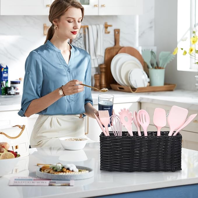 Ayiaren Wicker Silverware Cutlery Holder Black Flatware Utensil Caddy Best Silverwares Organizer Storage for Countertop Party Kitchen Utensils Holder Flatware Silverware Caddy Spoon and Fork Holders