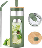 Kodrine 24oz Glass Tumbler with 2 Lids and Straws, Glass Cup With Bamboo Lid and On-the-go Lid, Reusable Iced Coffee Cup, Ideal for Smoothie, Cold Drinks, Fit Cup Holder, BPA Free (1, Olive)
