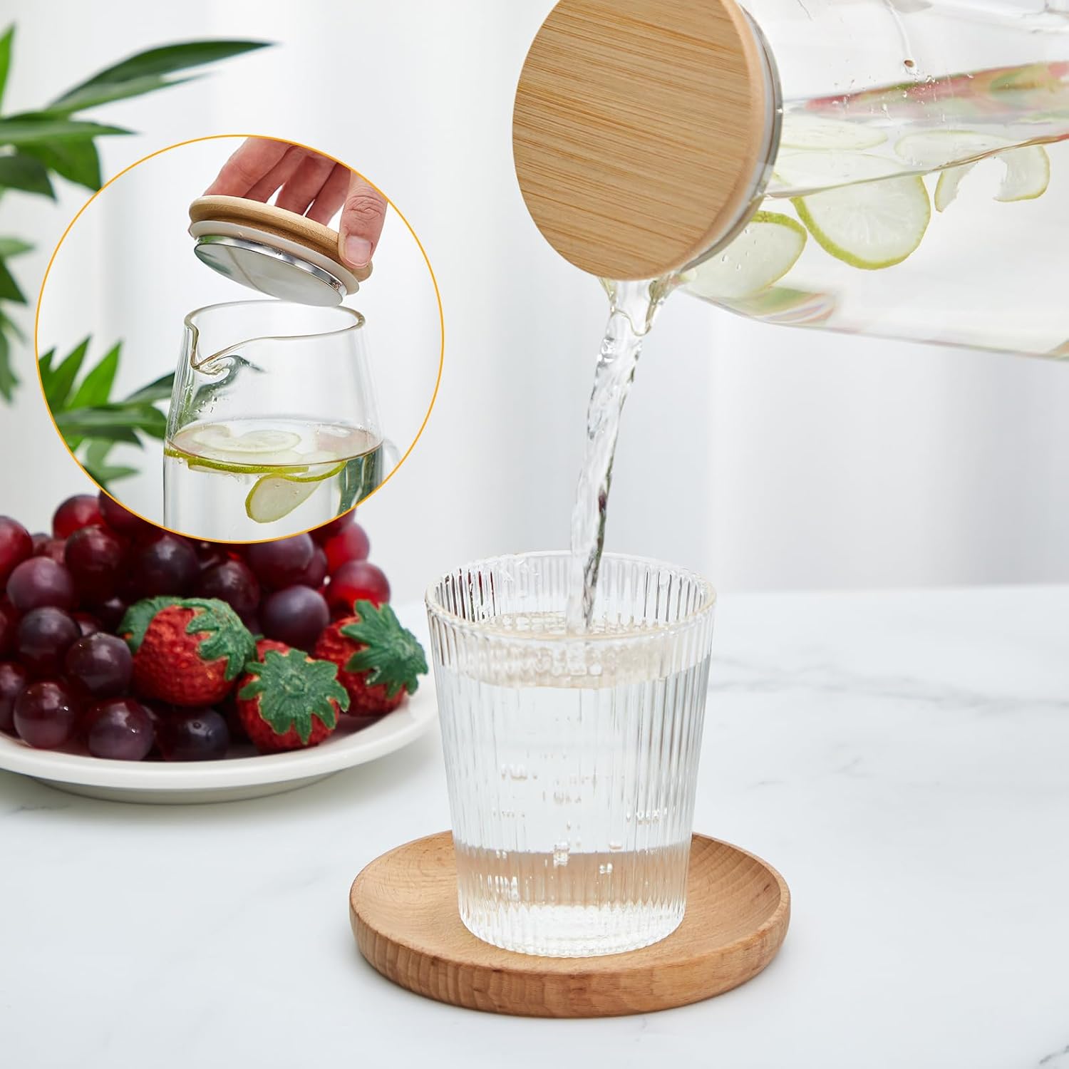 Hsei 2 Sets Glass Pitcher with Lid, 67.6 oz / 2000 ml Water Carafe with Handles Hot Cold Beverage Water Jar Glass Jug for Tea Juice Milk Coffee Iced Beverage(2l)