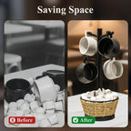 Wood Mug Holder Tree With Woven Basket, 4 Hooks Coffee Mug Holder, Countertop Mug Tree For Kitchen Counter Cabinet Coffee Bar Accessories Cup Display Organizer Hanger(Black)