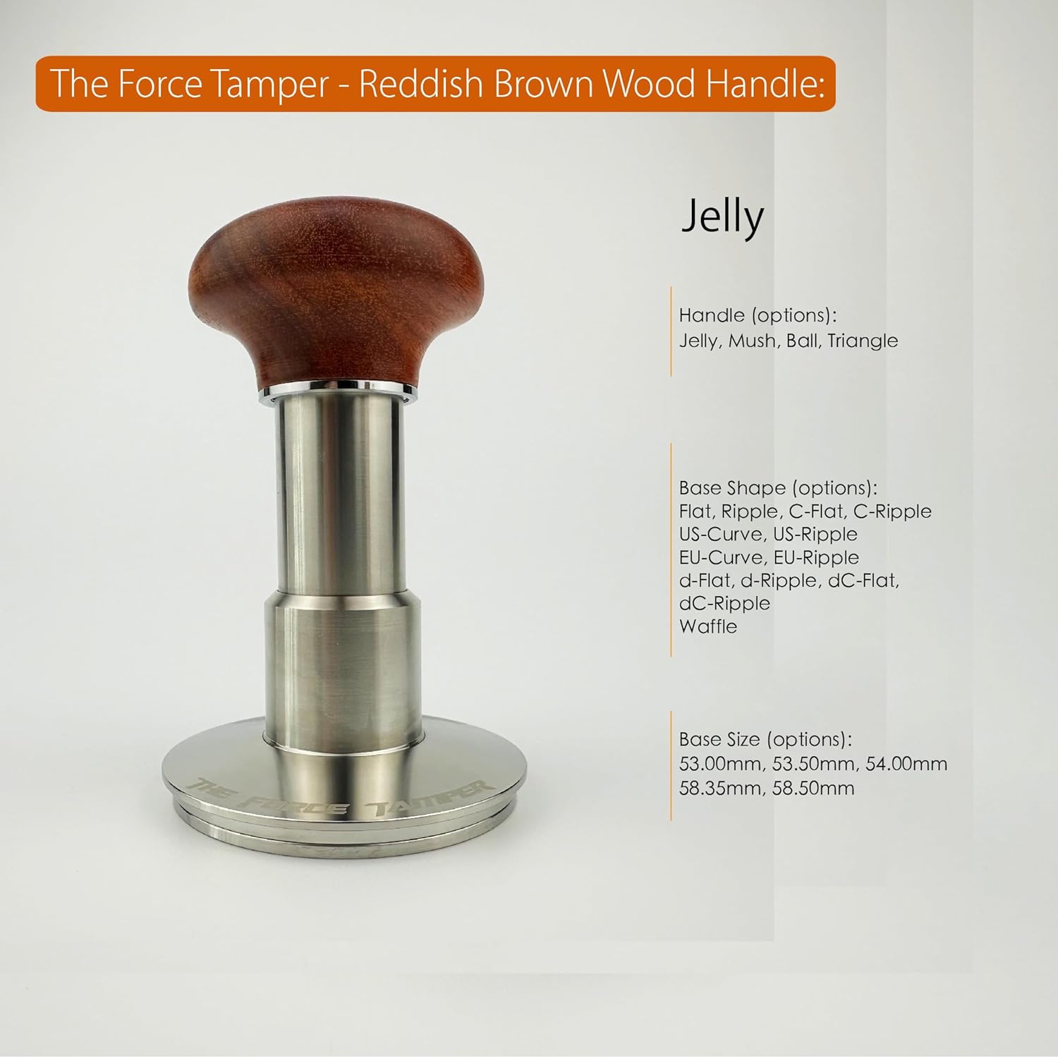 The Force Tamper Automatic Impact Adjustable Constant Pressure and Autoleveling Coffee Tamper Reddish Brown Jellyfish Wooden Handle Set Pro (Flat-Distribute Set, 54.00mm)