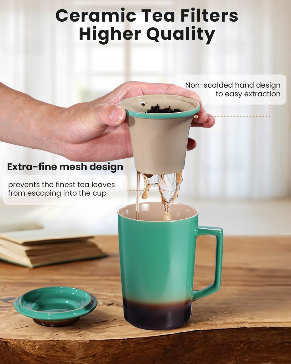 15 OZ Porcelain Tea Infuser Cup with Lid,Ceramic Tea Mug with All-Porcelain Strainers for Loose Leaf Teas,Microwave and Dishwasher Safe Coffee Mug,Metal-Free,BPA-Free,Gifts for Tea-Lover (Green)