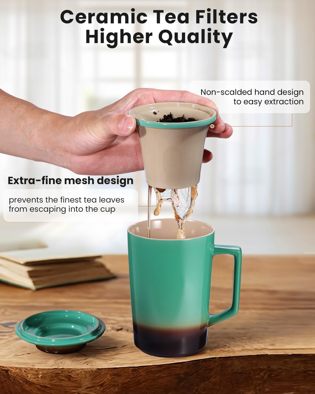 15 OZ Porcelain Tea Infuser Cup with Lid,Ceramic Tea Mug with All-Porcelain Strainers for Loose Leaf Teas,Microwave and Dishwasher Safe Coffee Mug,Metal-Free,BPA-Free,Gifts for Tea-Lover (Green)