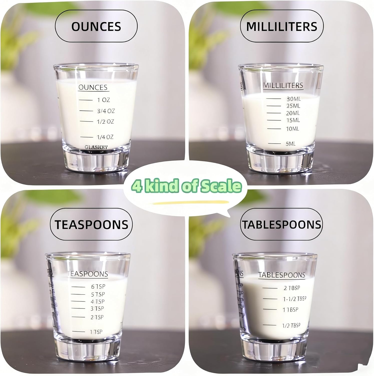 2-Pack Shot Glass Measuring Cups Set | Non-Fading 4-Measurement Espresso Jigger (OZ/ML/TSP/TBSP) | Thick Base Heavy Glass Measuring Cup for Coffee & Kitchen，Dishwasher Safe, Incremental Scale (Black)