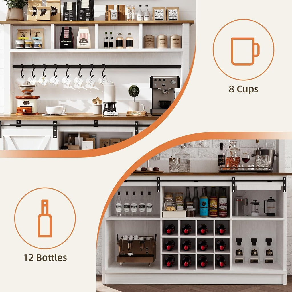 4ever2buy Farmhouse Coffee Bar Cabinet with 4 Storage Hutch, 55 Inch Wine Bar with 12 Wine Racks and 8 Hooks, Hutch Storage Cabinet with Sliding Barn Doors for Kitchen Dining Living Room, White