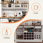 4ever2buy Farmhouse Coffee Bar Cabinet with 4 Storage Hutch, 55 Inch Wine Bar with 12 Wine Racks and 8 Hooks, Hutch Storage Cabinet with Sliding Barn Doors for Kitchen Dining Living Room, White